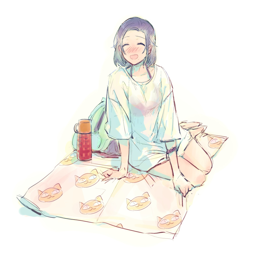 1girl, :d, animal_print, backpack, backpack_removed, bag, barefoot, blanket