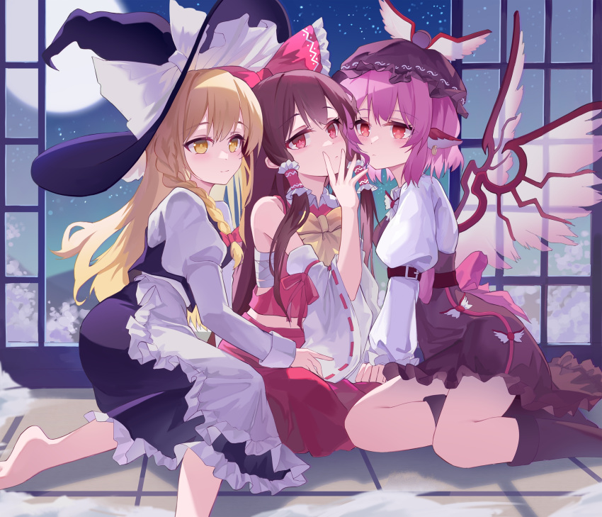 3girls, :|, animal_ears, apron, arm_support, barefoot, bird_ears, bird_wings