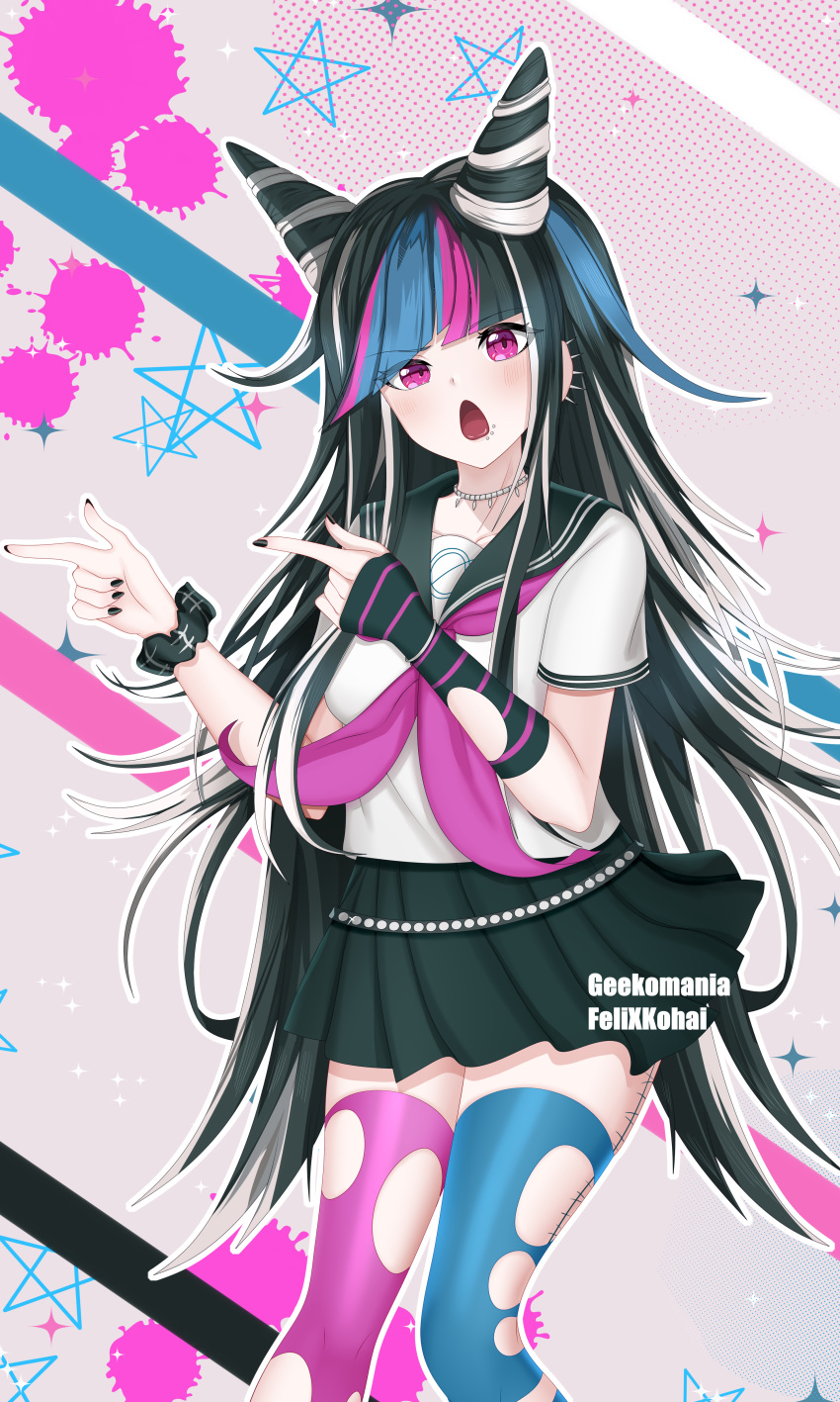 1girl, :o, absurdres, artist_name, bangs, black_hair, black_nails, black_sailor_collar