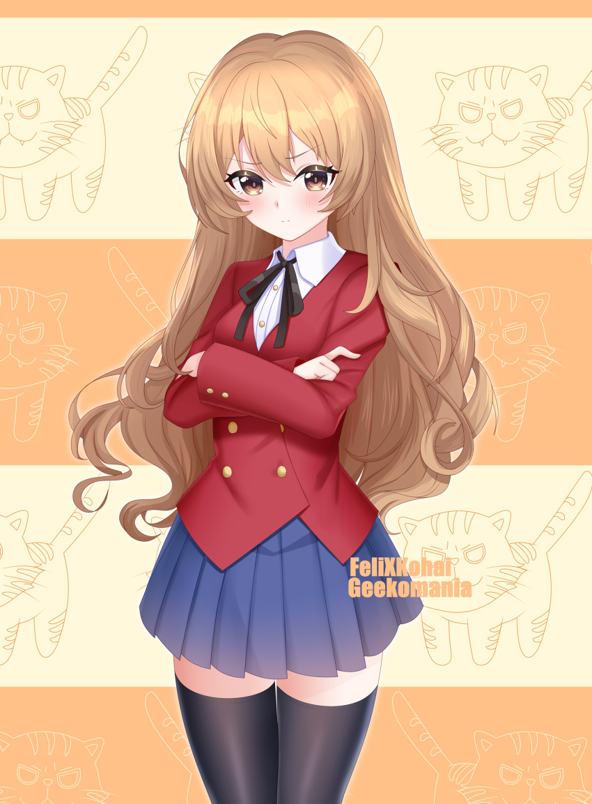 1girl, absurdres, aisaka_taiga, bangs, black_ribbon, black_thighhighs, blue_skirt, blush