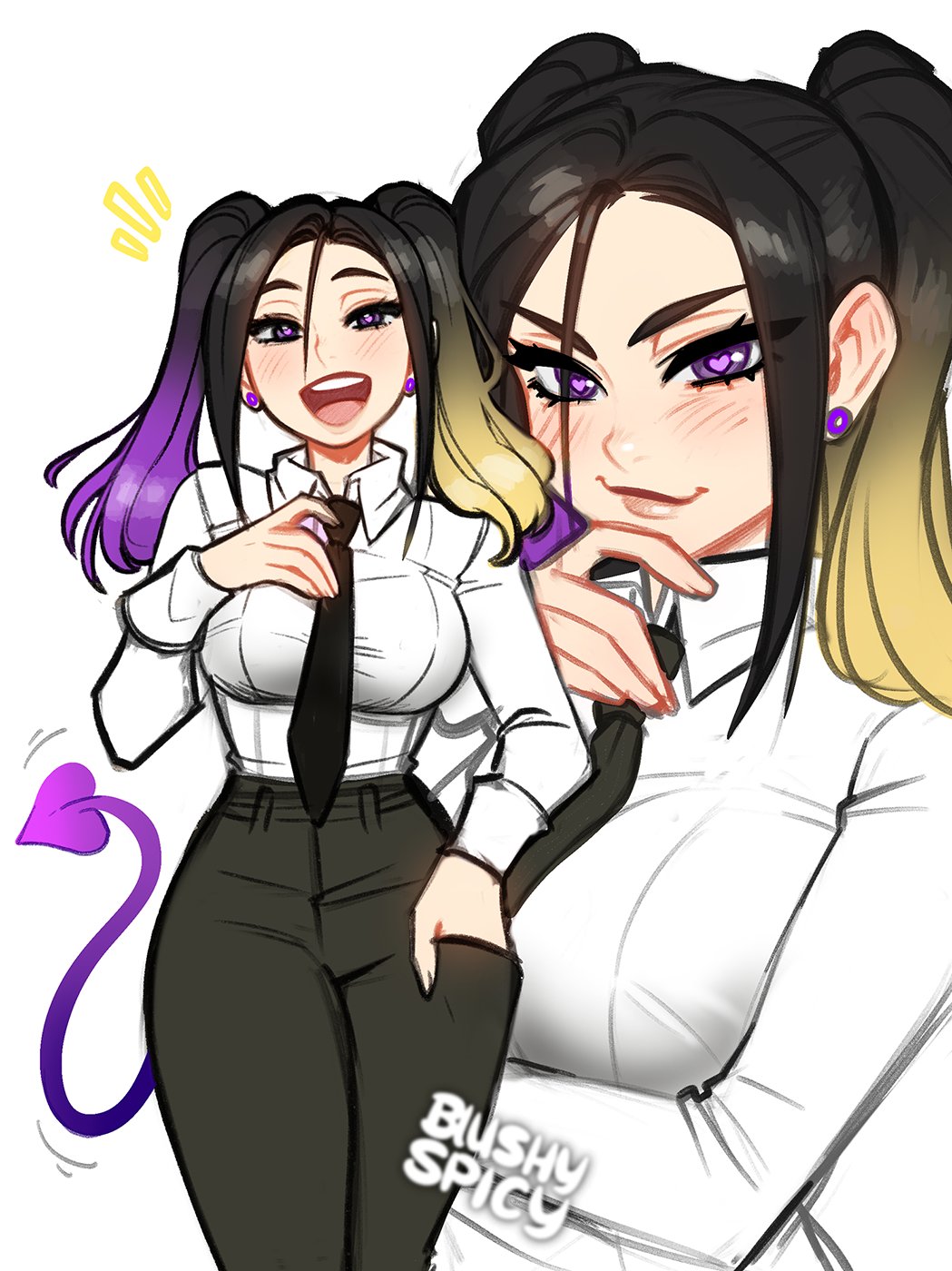 1girl, :d, arm_under_breasts, bangs, black_hair, black_necktie, black_pants, blonde_hair