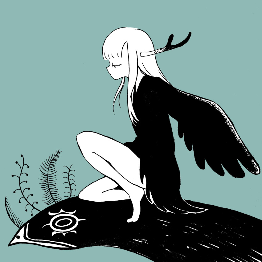 1girl, bare_legs, barefoot, bird, bird_girl, blue_background, closed_eyes, expressionless