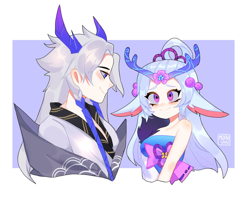 1boy, 1girl, absurdres, antlers, bangs, bare_shoulders, blush, bow