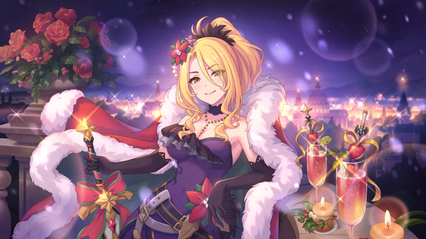 blonde_hair, candle, christina_(princess_connect!), city, city_lights, cityscape, cloak, drink