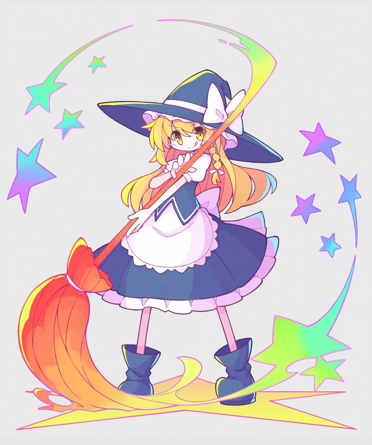 1girl, :q, apron, asameshi, black_footwear, black_headwear, black_skirt, black_vest, blonde_hair, blush_stickers, boots, bow, braid, broom, closed_mouth, commentary, full_body, hat, hat_bow, highres, holding, holding_broom, kirisame_marisa, long_hair, puffy_short_sleeves, puffy_sleeves, shirt, short_sleeves, single_braid, skirt, smile, solo, star_(symbol), tongue, tongue_out, touhou, v-shaped_eyebrows, vest, waist_apron, white_apron, white_bow, white_shirt, witch_hat, yellow_eyes