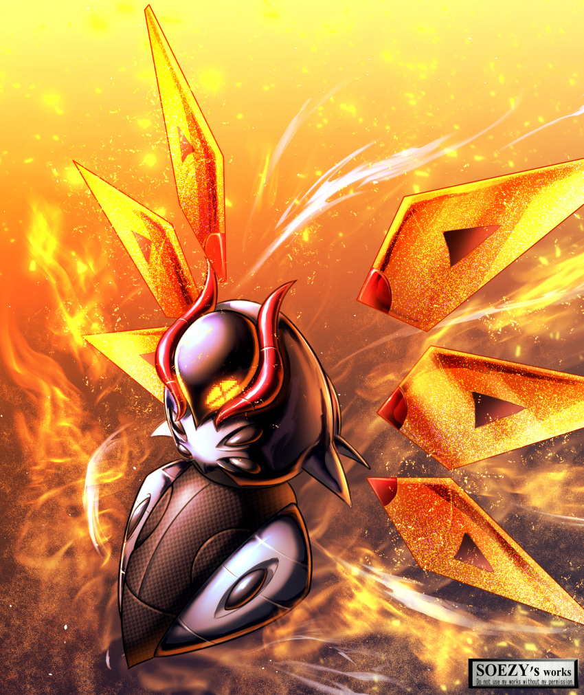 +_+, assassin_silver, commentary_request, fire, glowing, glowing_eyes, highres, horns