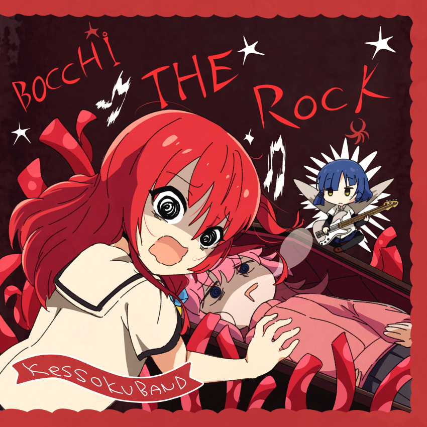 3girls, @_@, absurdres, album_cover, album_cover_redraw, bangs, bass_guitar, black_pantyhose