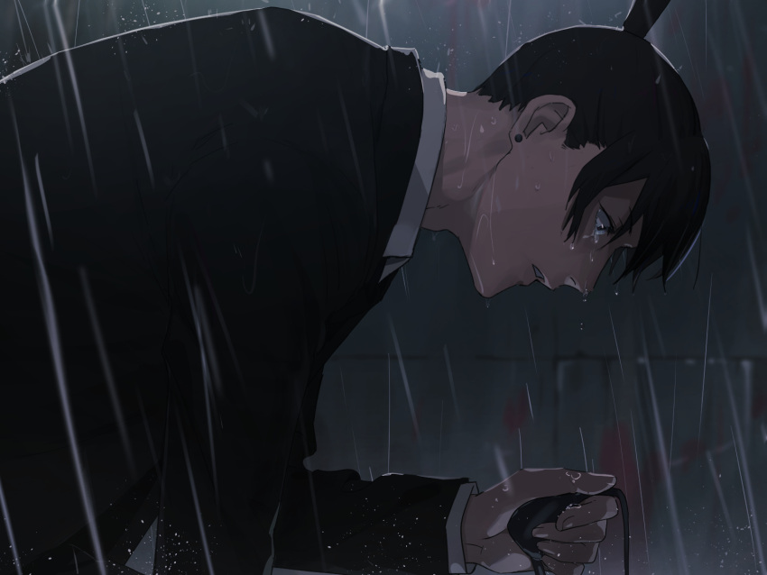 1boy, bangs, black_hair, black_jacket, blue_eyes, chainsaw_man, collared_shirt, crying