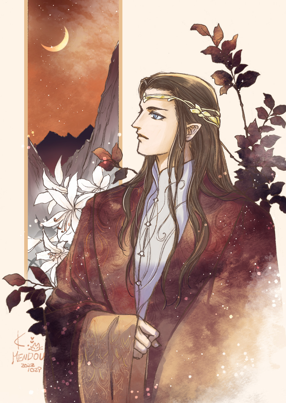 1boy, brown_hair, brown_sky, circlet, closed_mouth, crescent_moon, dated, elrond