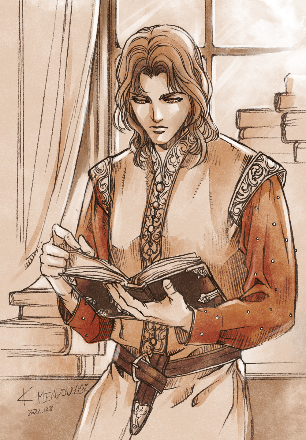 1boy, book, brown_theme, closed_mouth, curtains, dated, faramir, highres