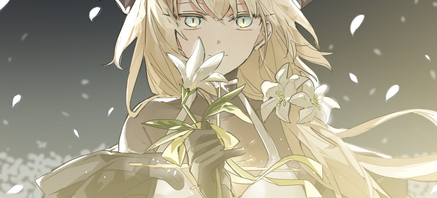 1girl, arknights, black_gloves, blonde_hair, flower, gloves, green_eyes, hair_flower, hair_ornament, highres, hikarupig, holding, holding_flower, horns, long_hair, petals, reed_(arknights), reed_the_flame_shadow_(arknights), smile