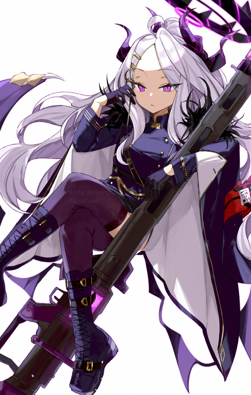 1girl, absurdres, ahoge, bangs, black_gloves, blue_archive, boots, buttons