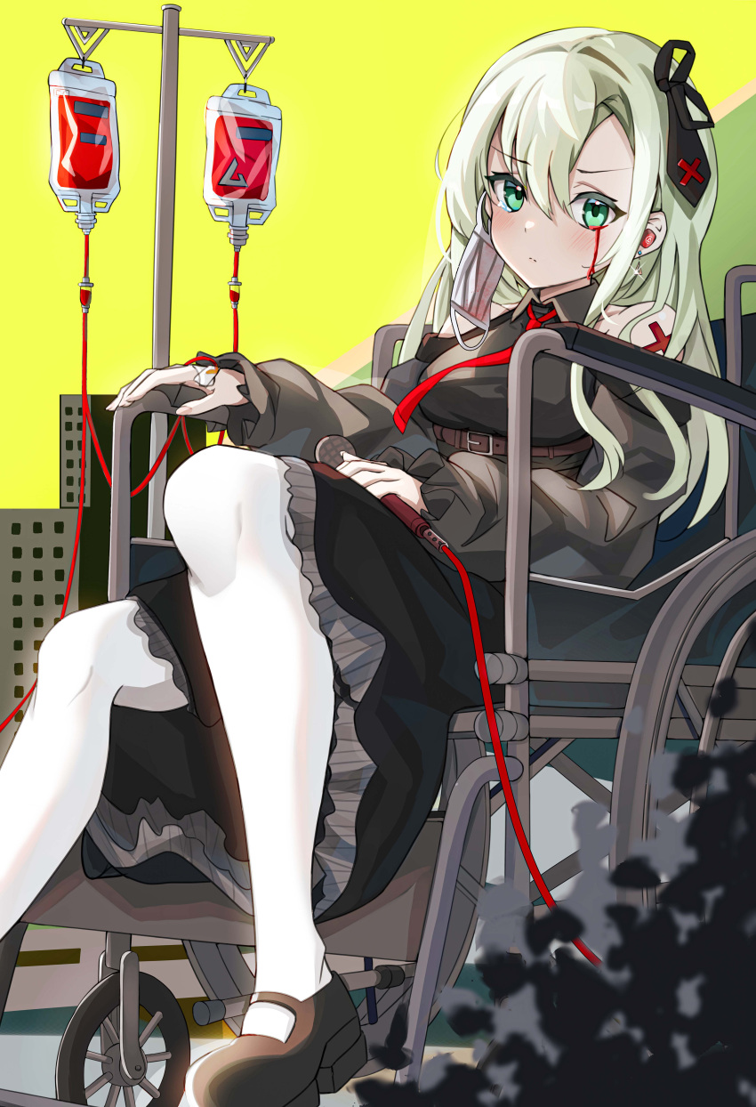 1girl, absurdres, bandaid, bandaid_on_hand, bangs, bare_shoulders, belt, black_footwear
