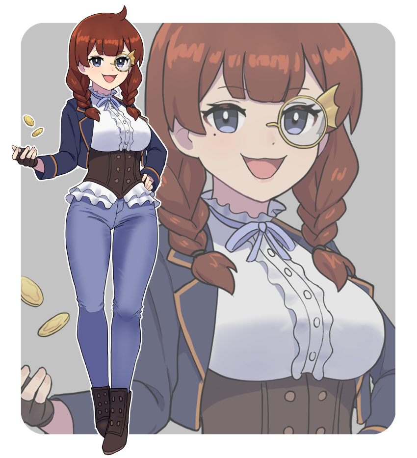 1girl, black_gloves, blue_eyes, braid, breasts, coin, denim, fingerless_gloves