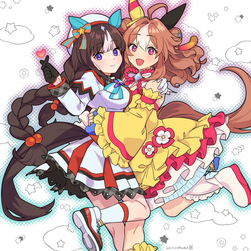 2girls, ahoge, artist_name, beret, black_hair, braid, breasts, brown_hair