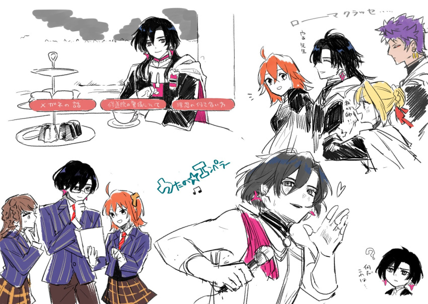 2boys, 3girls, :d, ?, ^_^, ahoge, bangs, black_eyes