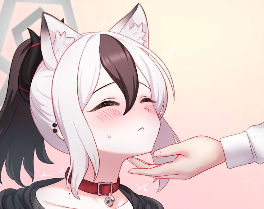 1girl, :<, animal_ear_fluff, animal_ears, bangs, black_hair, blue_archive, blush