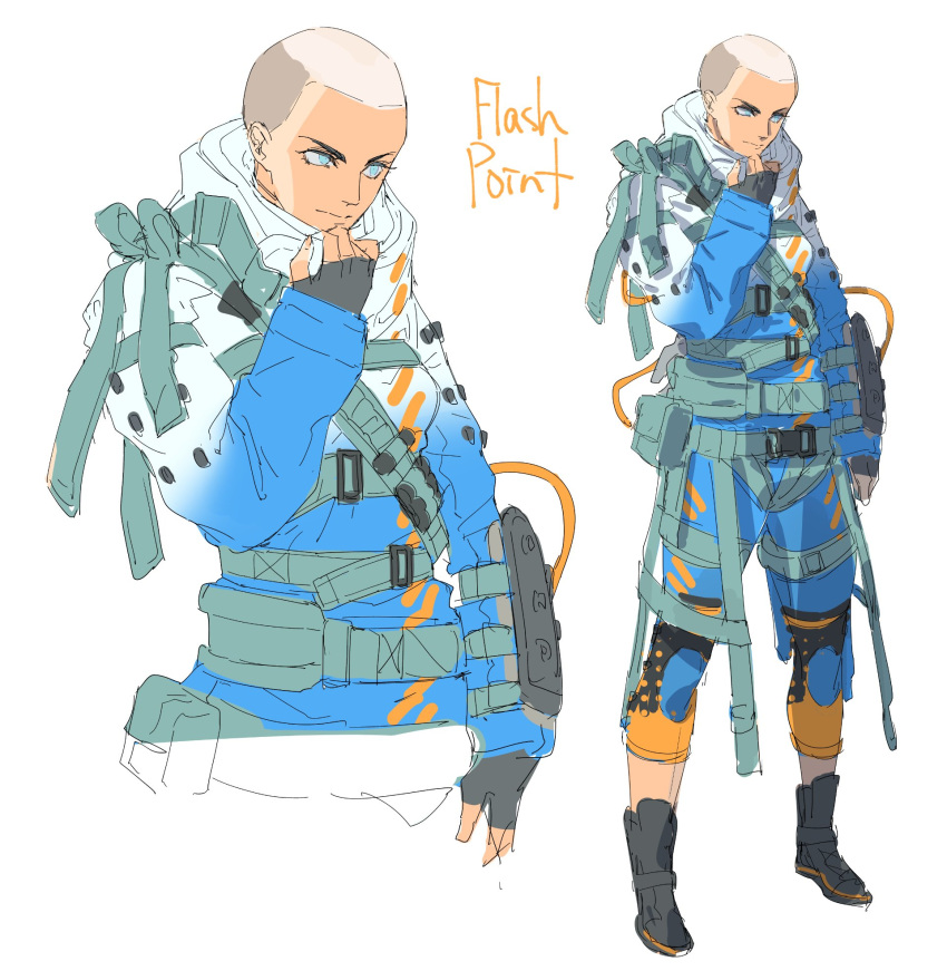 1girl, animification, apex_legends, bald, bald_girl, belt, black_footwear, black_gloves, blue_eyes, blue_jumpsuit, boots, fingerless_gloves, flashpoint_wraith, full_body, gloves, gradient, grey_belt, highres, jumpsuit, looking_ahead, simple_background, solo, thigh_strap, thundergotch, upper_body, v-shaped_eyebrows, white_background, wraith_(apex_legends), zoom_layer