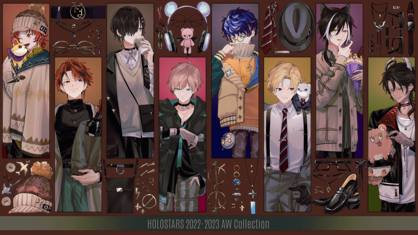 6+boys, ;d, ahoge, animal, animal_ears, animal_on_shoulder, aqua_necktie, aragami_oga