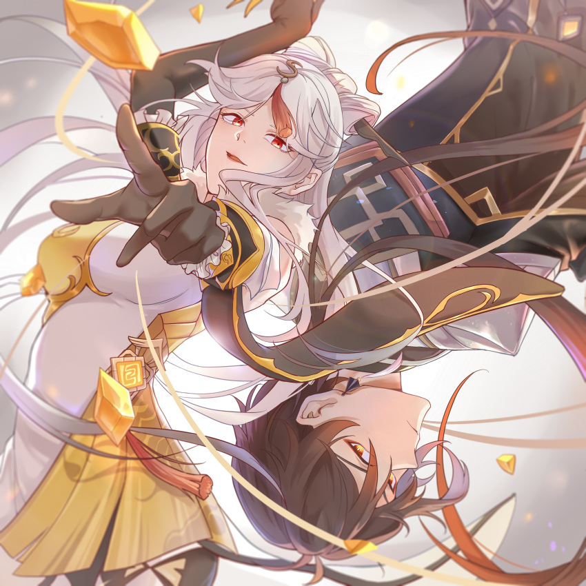 1boy, 1girl, absurdres, bangs, black_gloves, black_hair, breasts, brown_hair