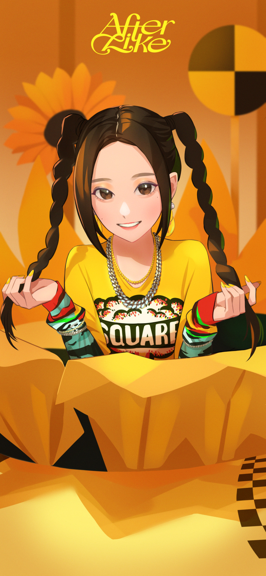 1girl, absurdres, after_like_(ive), animification, arm_warmers, bangs, braid, brown_hair