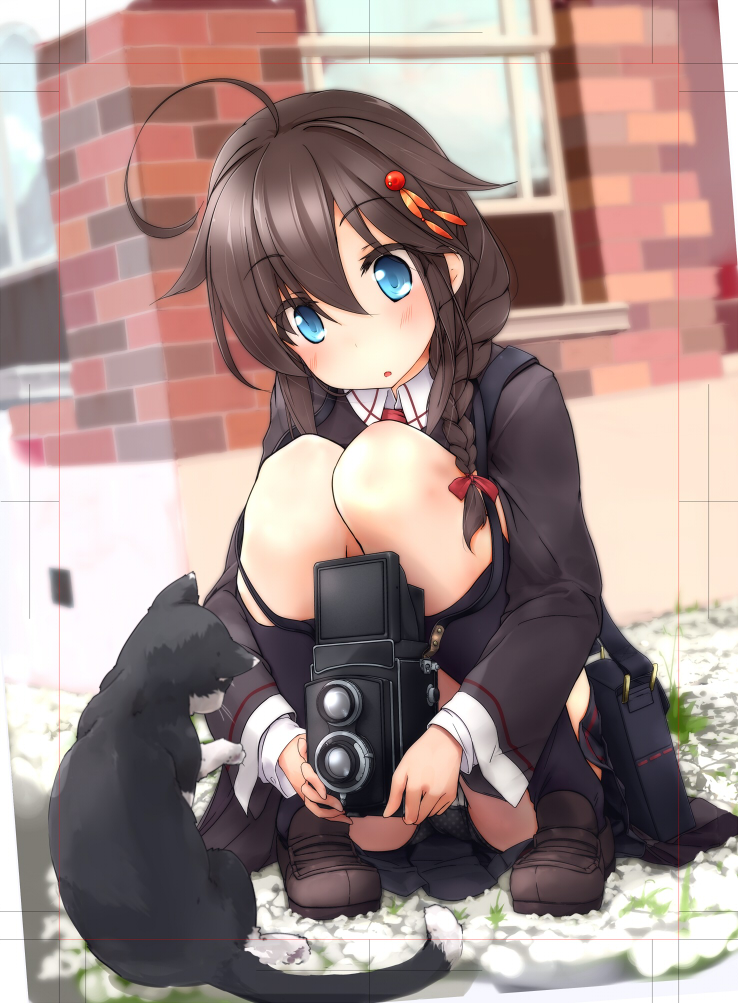 1girl, :o, ahoge, alternate_costume, ayuya_naka_no_hito, black_dress, black_panties, blue_eyes, braid, brown_hair, building, camera, cat, comiket_94, dress, drizzle_(module), hair_flaps, hair_ornament, hair_over_shoulder, kantai_collection, kneehighs, official_alternate_costume, outdoors, panties, shigure_(kancolle), shoes, single_braid, socks, underwear, window