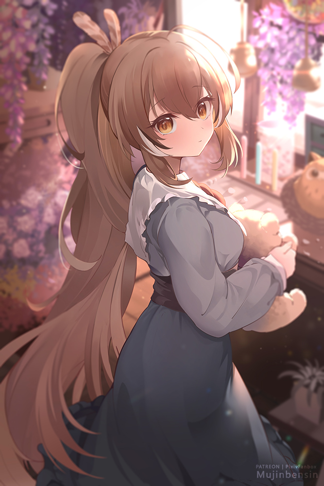 1girl, ahoge, alternate_costume, bangs, bell, blue_dress, blurry, brown_eyes, brown_hair, depth_of_field, dress, feather_hair_ornament, feathers, flower, hair_ornament, hairclip, hololive, hololive_english, hootsie_(nanashi_mumei), long_hair, looking_at_viewer, mujinbensin, multicolored_hair, nanashi_mumei, object_hug, plant, ponytail, potted_plant, sash, streaked_hair, stuffed_animal, stuffed_toy, teddy_bear, very_long_hair, virtual_youtuber, wisteria