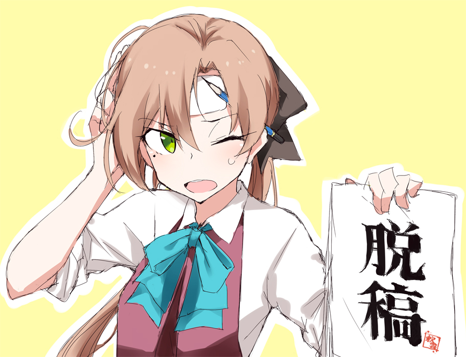 1girl, ;o, akigumo_(kancolle), bangs, behind_ear, black_bow, blue_bow, blue_bowtie