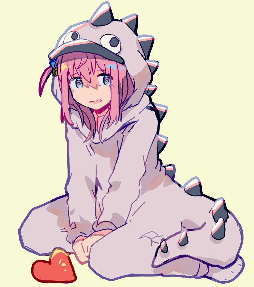 1girl, absurdres, animal_costume, animal_hood, bangs, between_legs, blue_eyes, blush, bocchi_the_rock!, cosplay, cube_hair_ornament, dragon_costume, dragon_hood, full_body, gotou_hitori, hair_between_eyes, hair_ornament, hand_between_legs, heart, highres, hood, hood_up, kigurumi, long_hair, long_sleeves, looking_to_the_side, nimingduz, one_side_up, open_mouth, pink_hair, simple_background, sitting, smile, solo, wariza, yellow_background