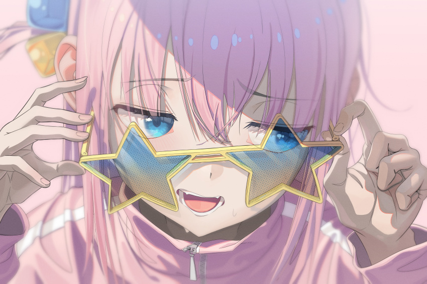 1girl, absurdres, bangs, blue_eyes, bocchi_the_rock!, cube_hair_ornament, gotou_hitori, hair_between_eyes, hair_ornament, highres, holding, holding_eyewear, jacket, long_hair, looking_away, one_side_up, open_mouth, pink_hair, pink_jacket, portrait, ranari, solo, star-shaped_eyewear, sunglasses, track_jacket