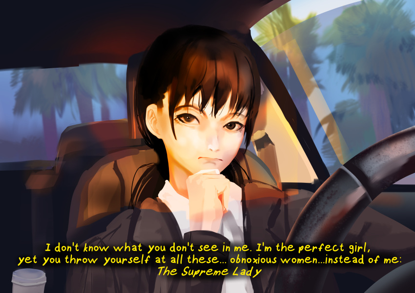 1girl, absurdres, bangs, black_eyes, black_hair, black_jacket, chainsaw_man, closed_mouth, elliot_rodger, english_text, frown, hand_on_own_chin, hand_up, highres, jacket, looking_at_viewer, medium_hair, mitaka_asa, rancidronin, solo, subtitled