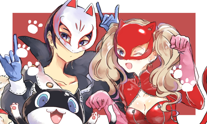 1boy, 1girl, 2others, animal_hands, black_cat, blonde_hair, blue_eyes, blue_hair