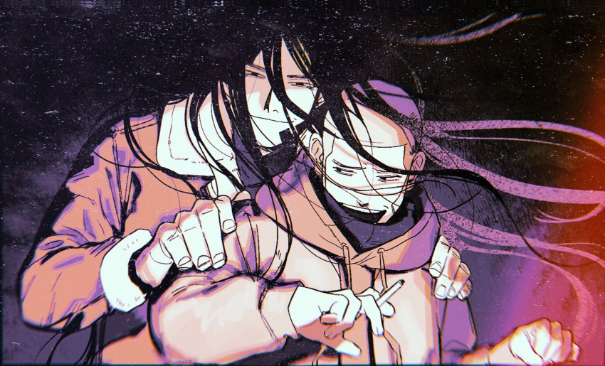 2boys, buzz_cut, cigarette, evil_smile, golden_kamuy, hand_on_another's_shoulder, highres, holding
