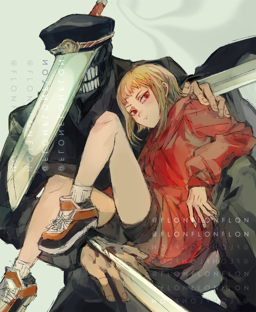 1boy, 1girl, akane_sawatari_(chainsaw_man), black_coat, black_shirt, blonde_hair, carrying, chainsaw_man, coat, flonflonflon, grey_background, highres, hood, hoodie, hybrid, katana, katana_man_(chainsaw_man), looking_to_the_side, military, princess_carry, red_eyes, red_hoodie, shirt, shoes, short_hair, shorts, simple_background, slit_pupils, sneakers, sword, teeth, twitter_username, weapon