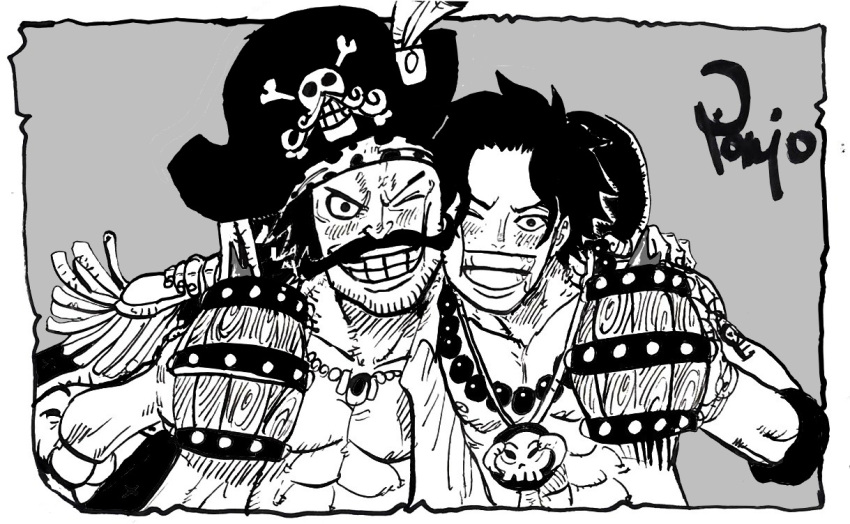 2boys, alcohol, arm_around_neck, arm_tattoo, bandana, bead_necklace, beads, beer_mug