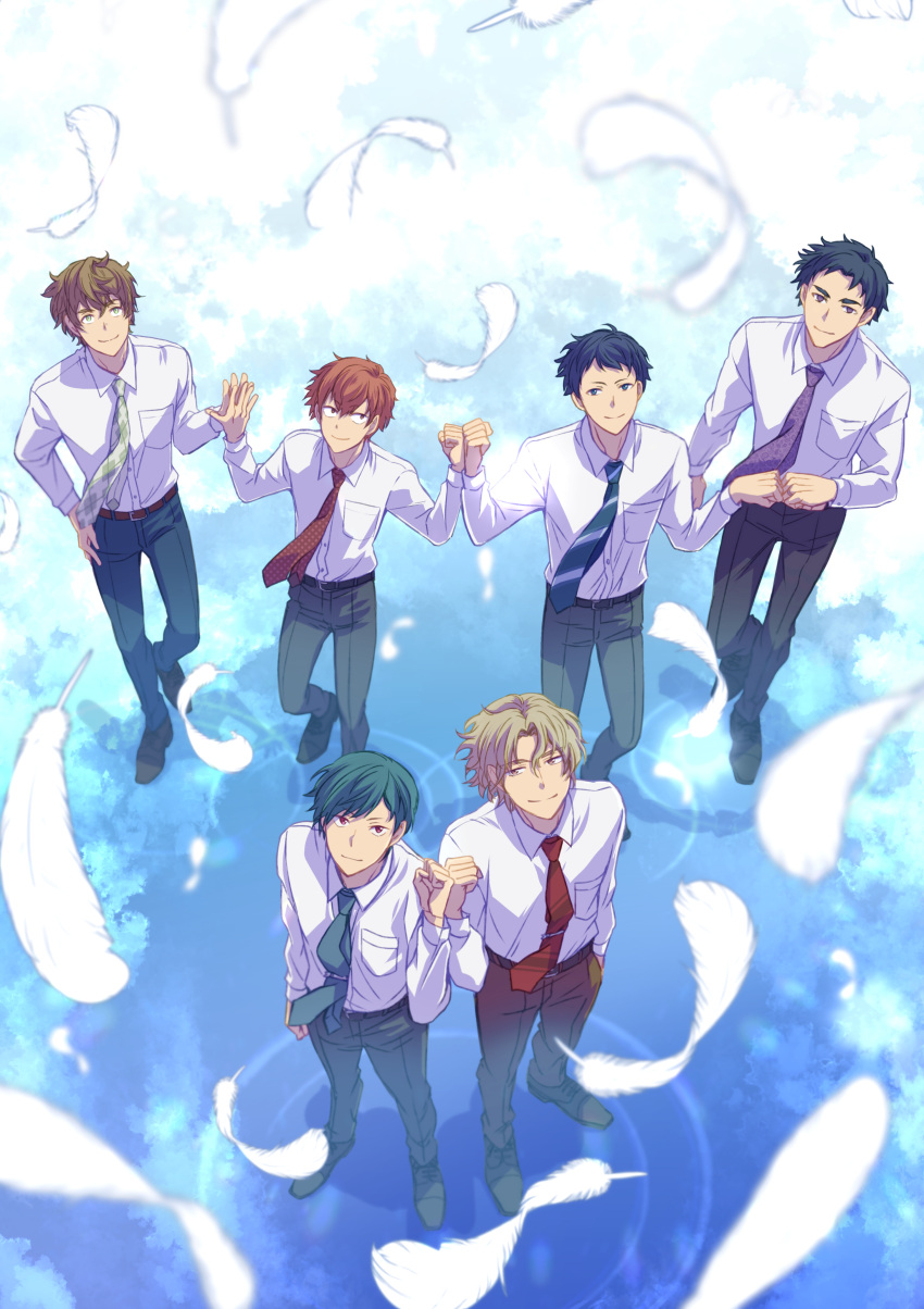 6+boys, absurdres, belt, black_hair, blonde_hair, brown_eyes, brown_hair, brown_pants