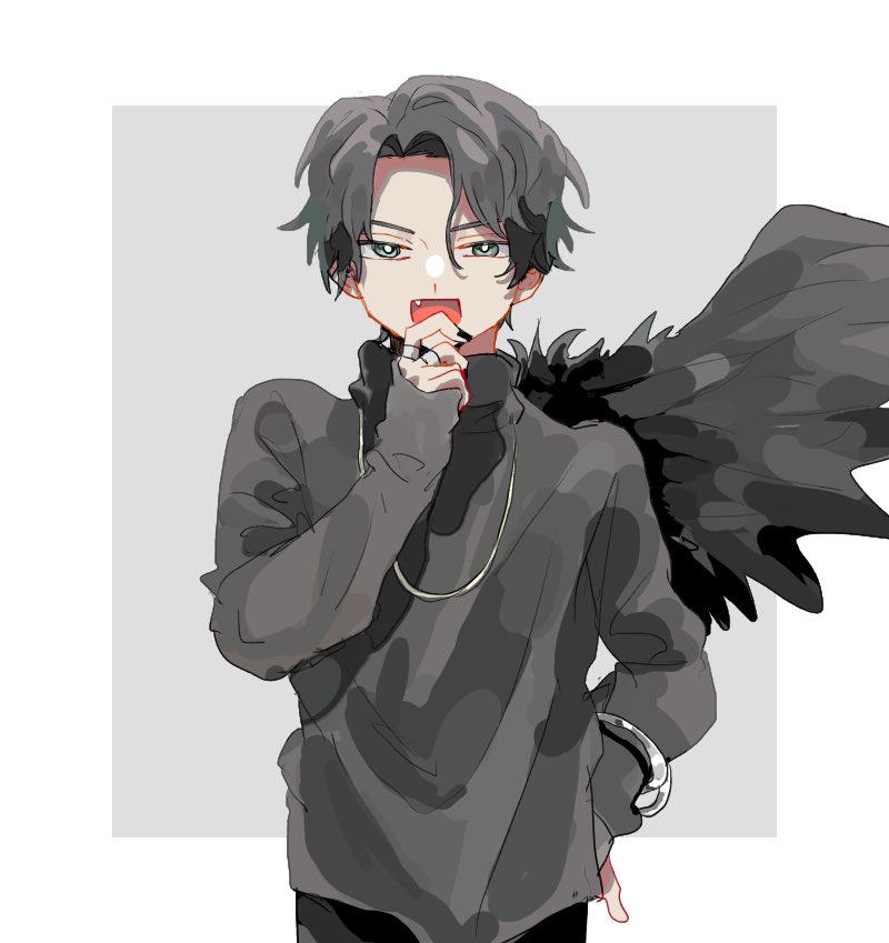 1boy, aqua_eyes, bishounen, black_feathers, black_hair, black_nails, black_pants, black_wings