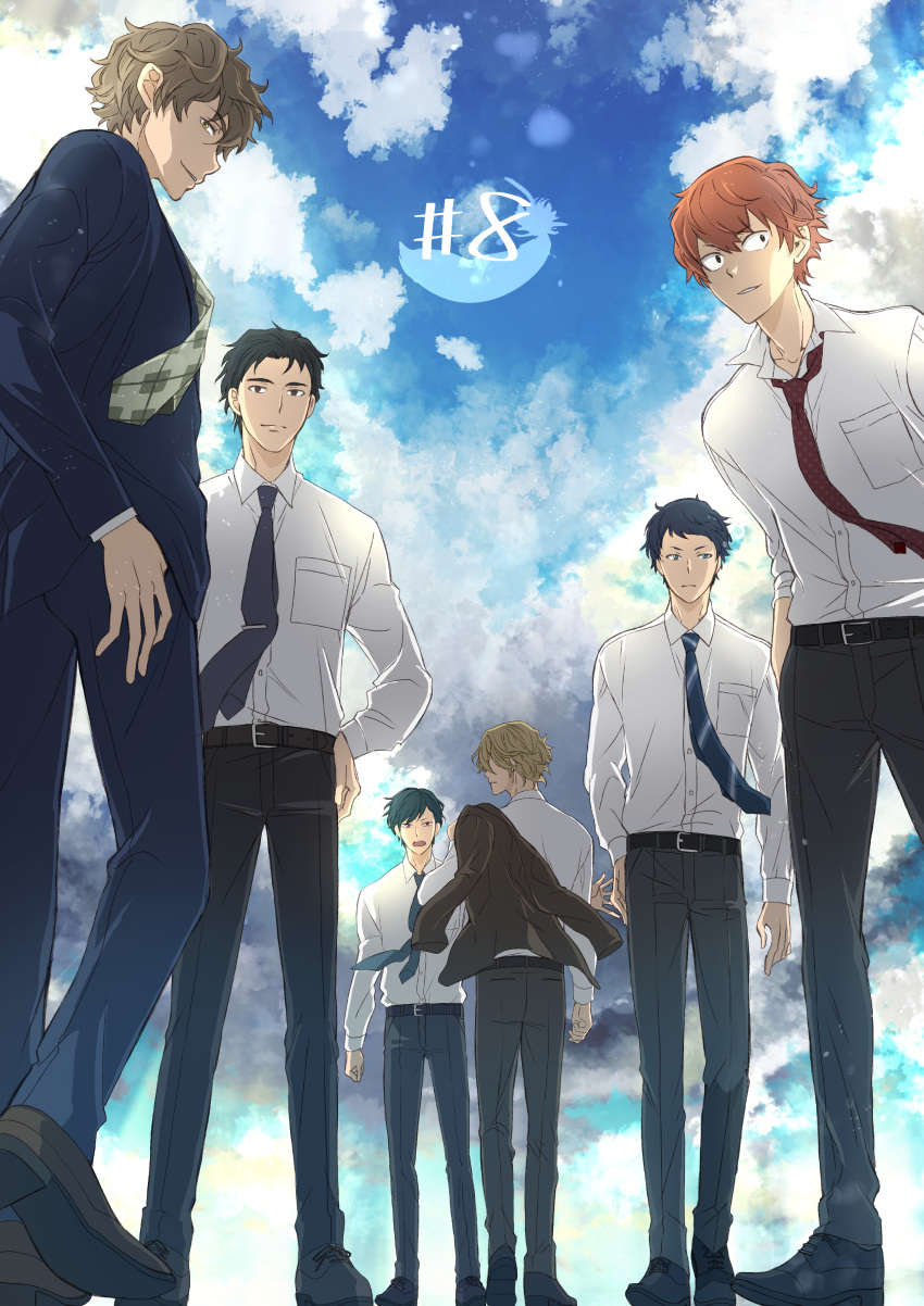 6+boys, absurdres, belt, black_footwear, black_hair, black_pants, blonde_hair, blue_sky