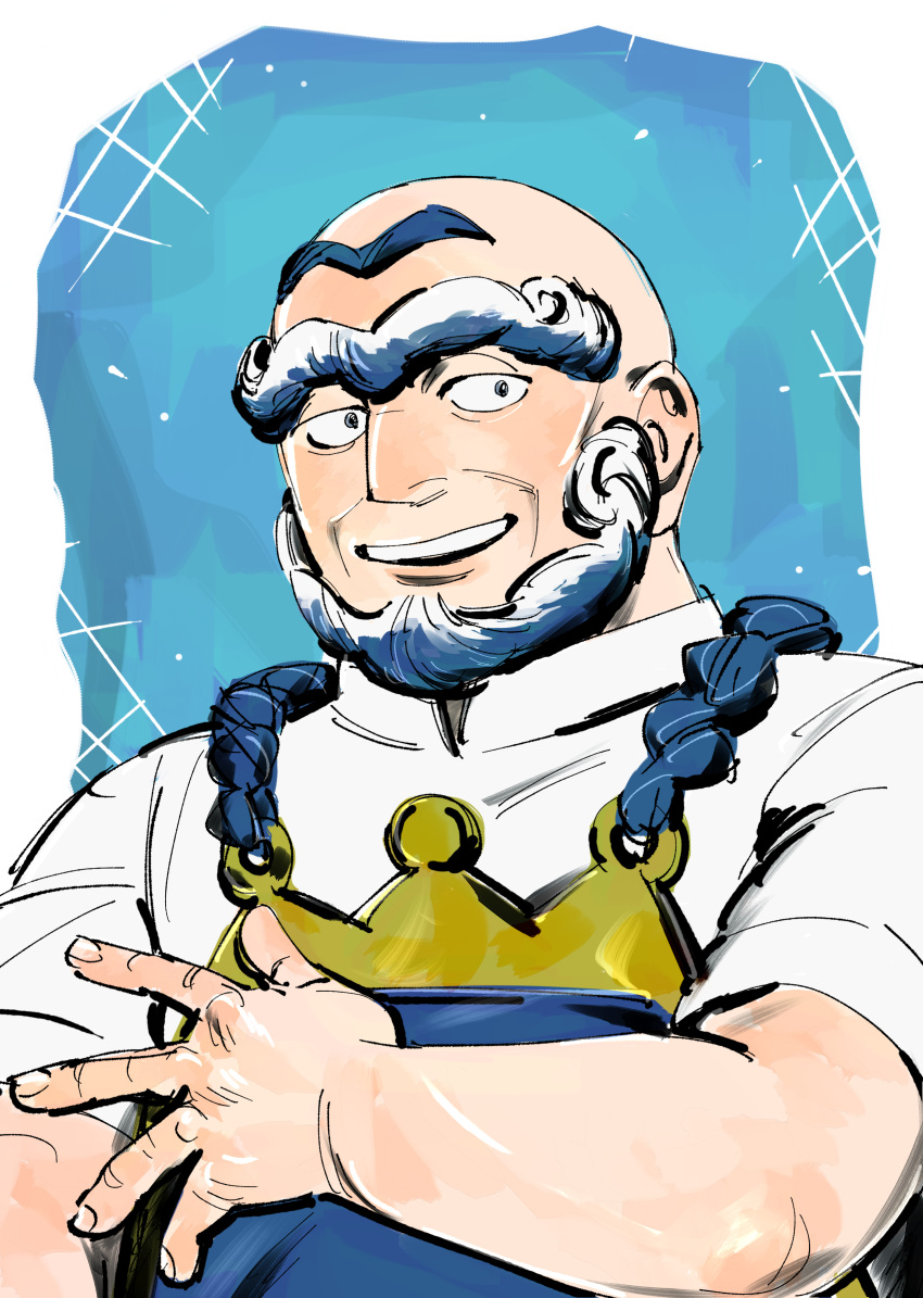 1boy, absurdres, apron, bald, beard, blue_hair, dnbsan, facial_hair, highres, kofu_(pokemon), looking_at_viewer, multicolored_hair, old, old_man, open_mouth, pokemon, pokemon_(game), pokemon_sv, shirt, smile, solo, unibrow, white_hair, white_shirt