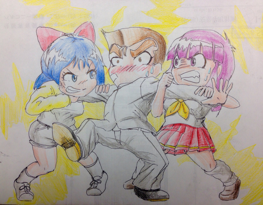 1boy, 2girls, 84ds, absurdres, bandaid, bandaid_on_face, blue_eyes, blue_hair
