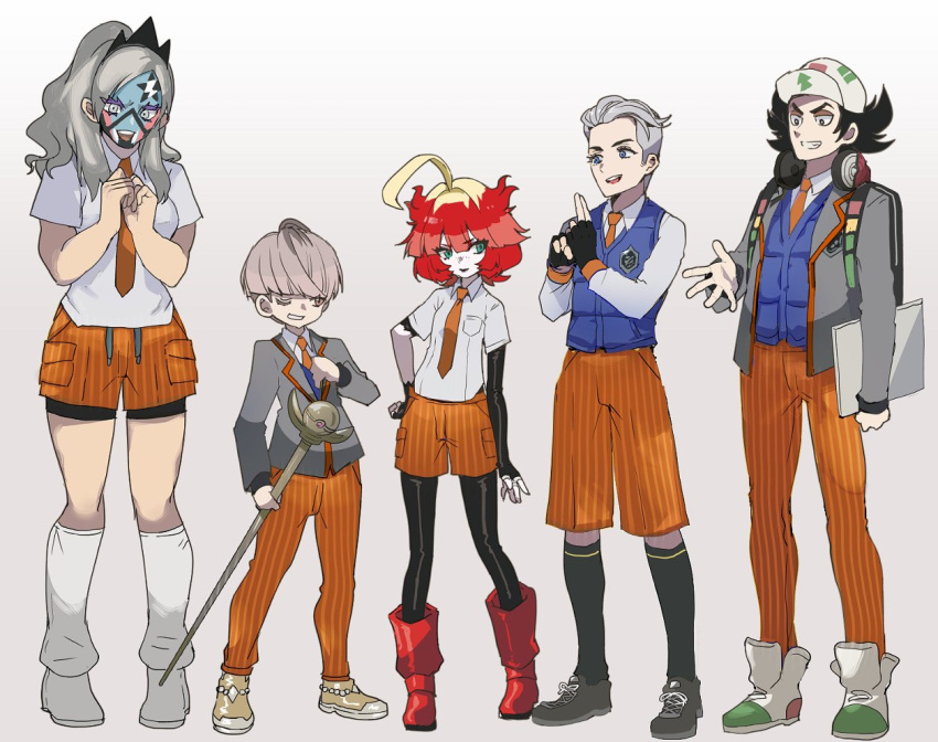 2girls, 3boys, ahoge, alternate_costume, atticus_(pokemon), baseball_cap, black_hair, blonde_hair