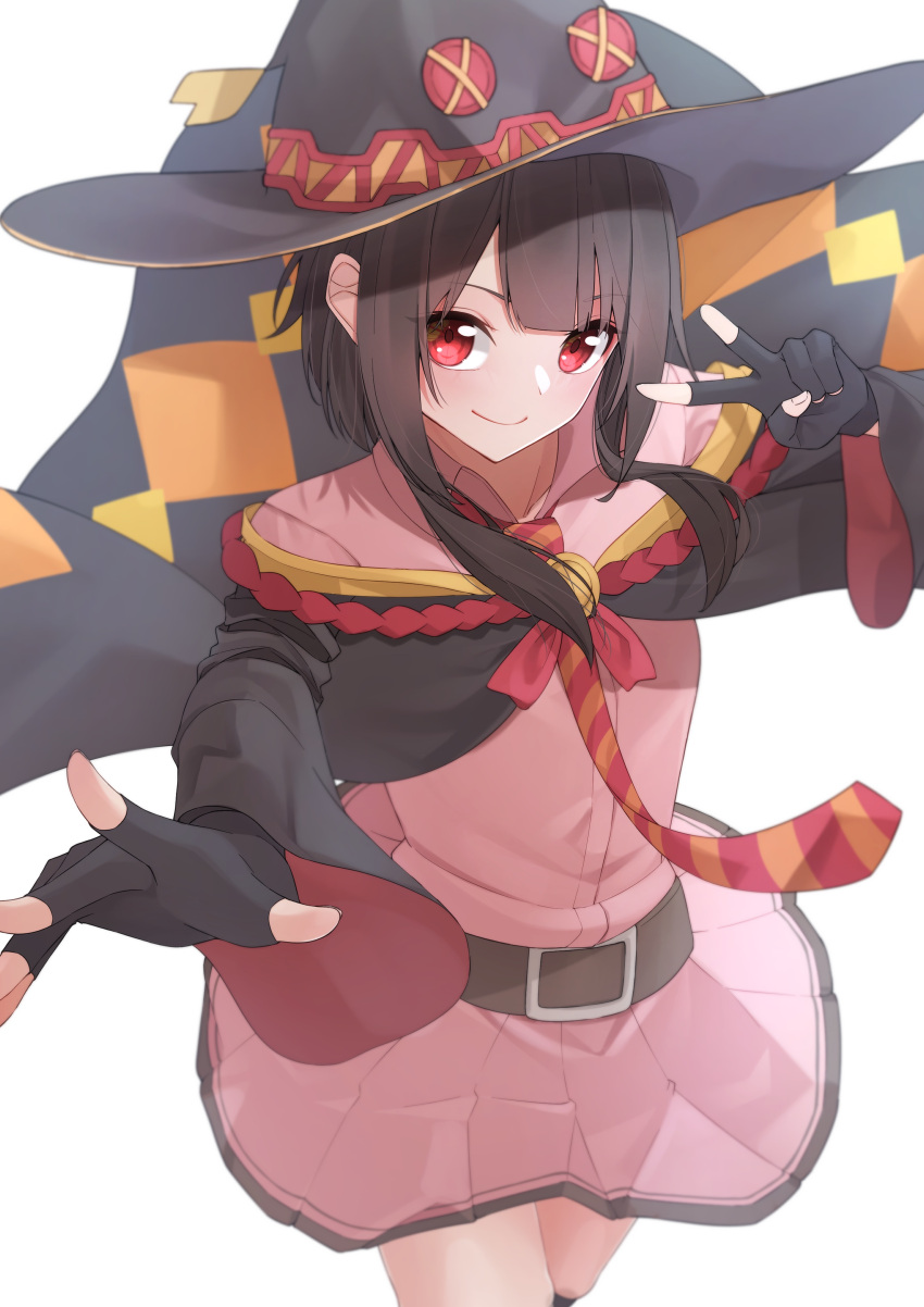 >:), 1girl, absurdres, arm_up, bangs, belt, black_belt, black_cape