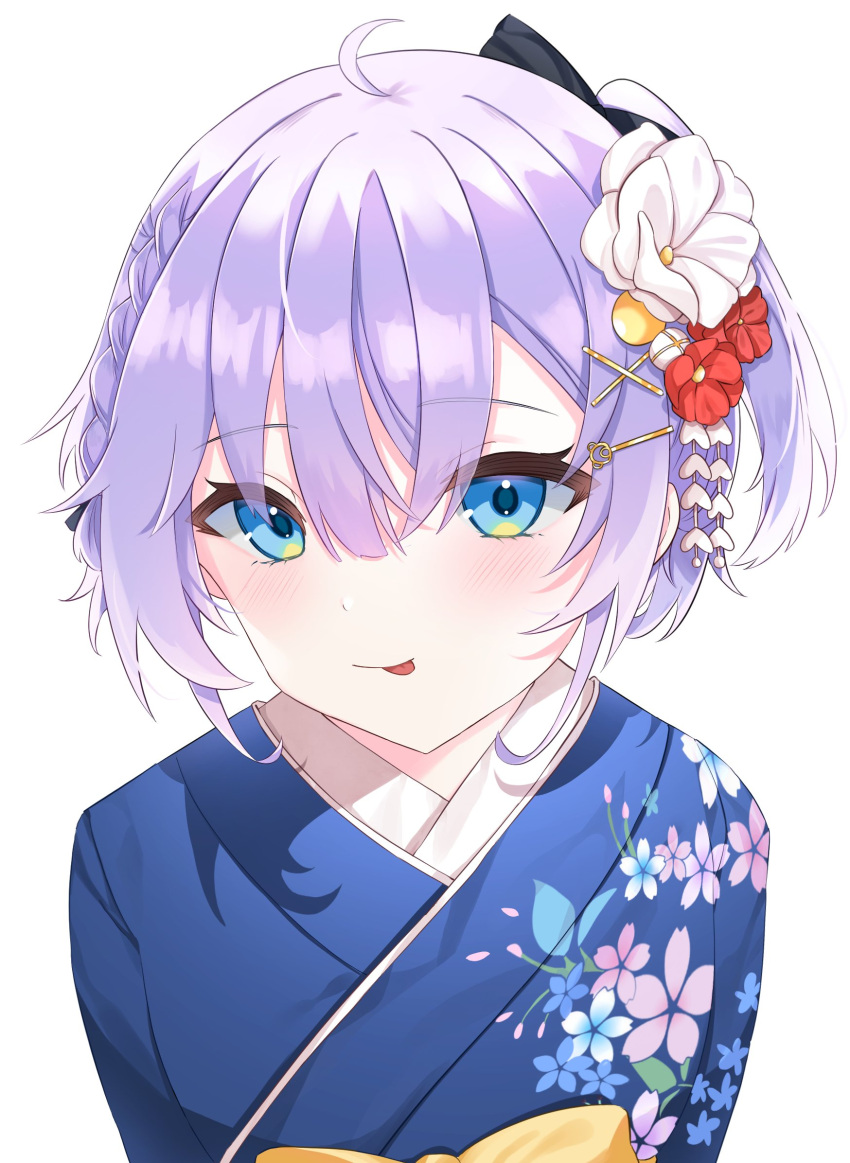 1girl, blue_eyes, blue_kimono, bow, braid, commentary, double_bun, flower, hair_bow, hair_bun, hair_flower, hair_ornament, hairclip, highres, indie_virtual_youtuber, japanese_clothes, kimono, looking_at_viewer, one_side_up, portrait, purple_hair, red_flower, rocksnotrock, shizukou, short_hair, side_braid, simple_background, smile, solo, symbol-only_commentary, tongue, tongue_out, white_background, white_flower, yellow_bow