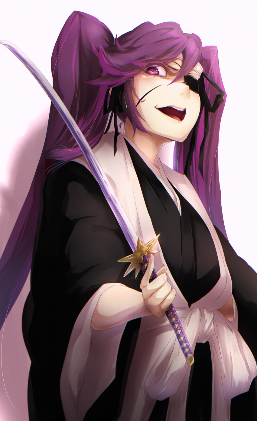 1girl, absurdres, bangs, black_kimono, black_ribbon, bleach, bleach:_the_thousand-year_blood_war, eyelashes
