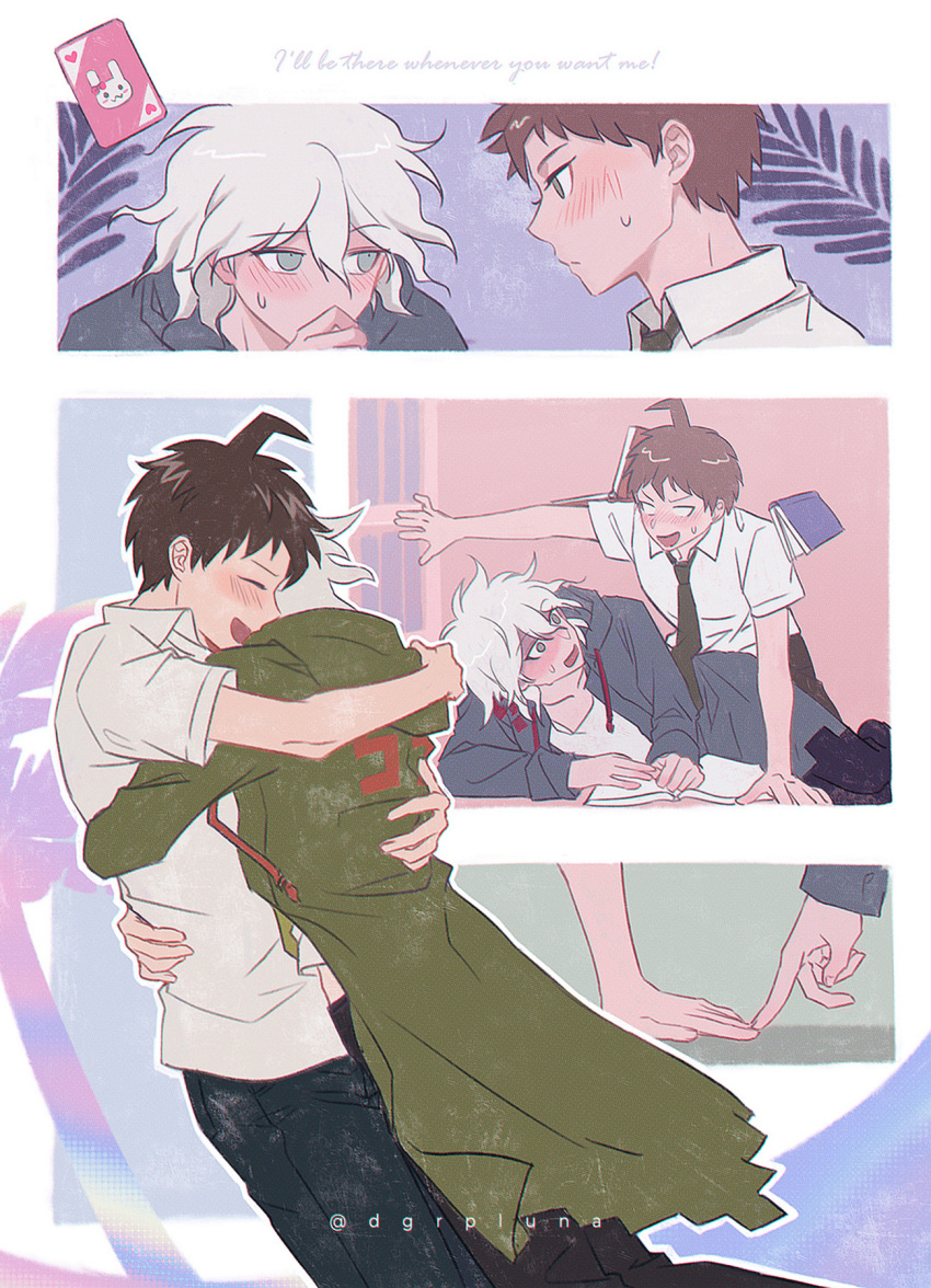 2boys, :d, bangs, black_pants, blush, boleum_(dgrpluna), book, brown_hair