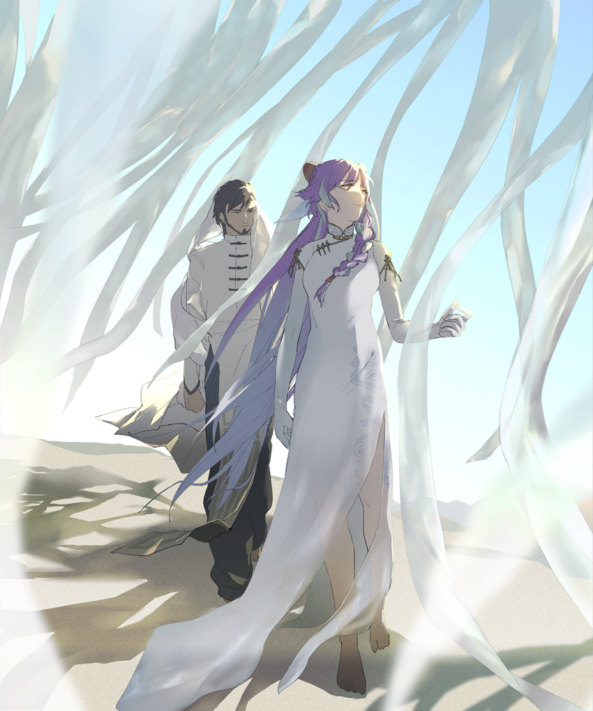 1boy, 1girl, alternate_costume, arad_molders, barefoot, black_pants, blue_hair, brown_eyes