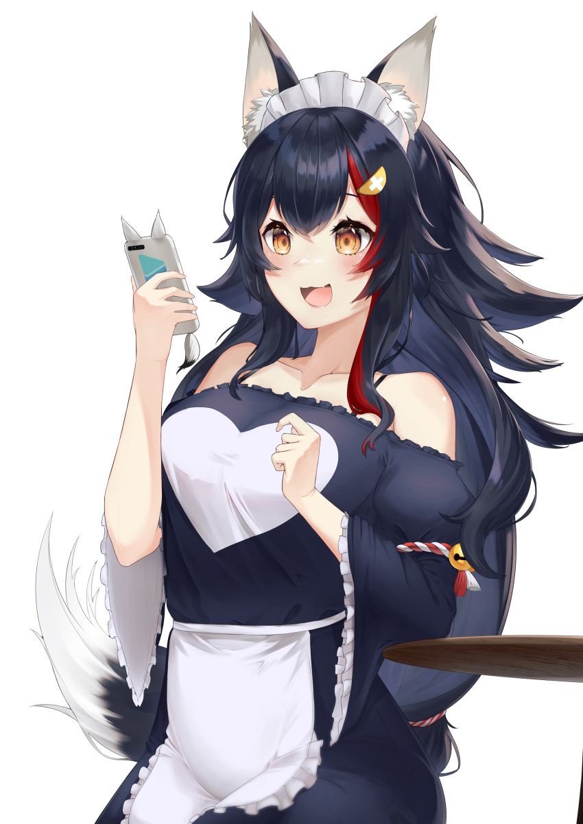 1girl, absurdres, animal_ear_fluff, animal_ears, apron, bangs, bare_shoulders, black_dress