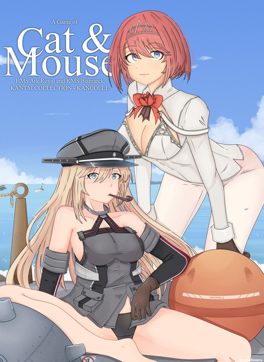 ark_royal_(kancolle), bananamaru, beach, bismarck_(kancolle), blonde_hair, highres, kantai_collection, long_hair, long_sleeves, panties, shirt, short_hair, thigh-highs, underwear