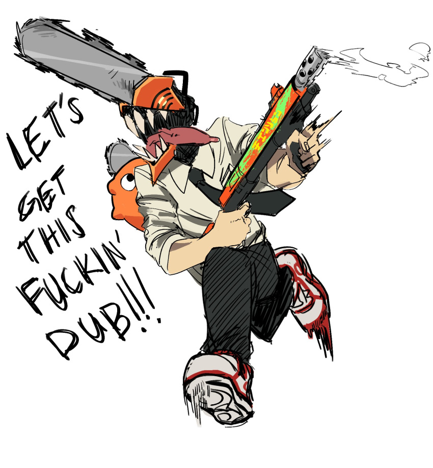 1boy, assault_rifle, black_necktie, black_pants, chainsaw, chainsaw_man, collared_shirt, fortnite