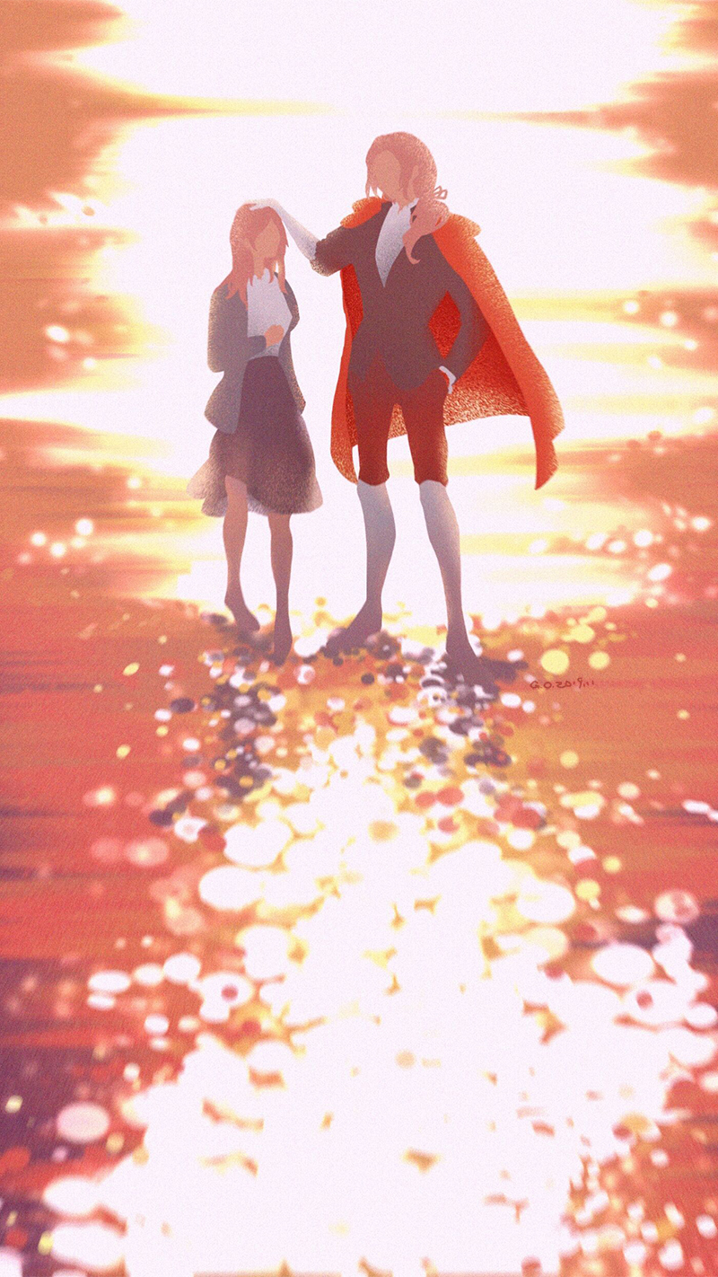 1boy, 1girl, angel, bare_legs, bernadette_gustav, black_jacket, black_skirt, blue_jacket